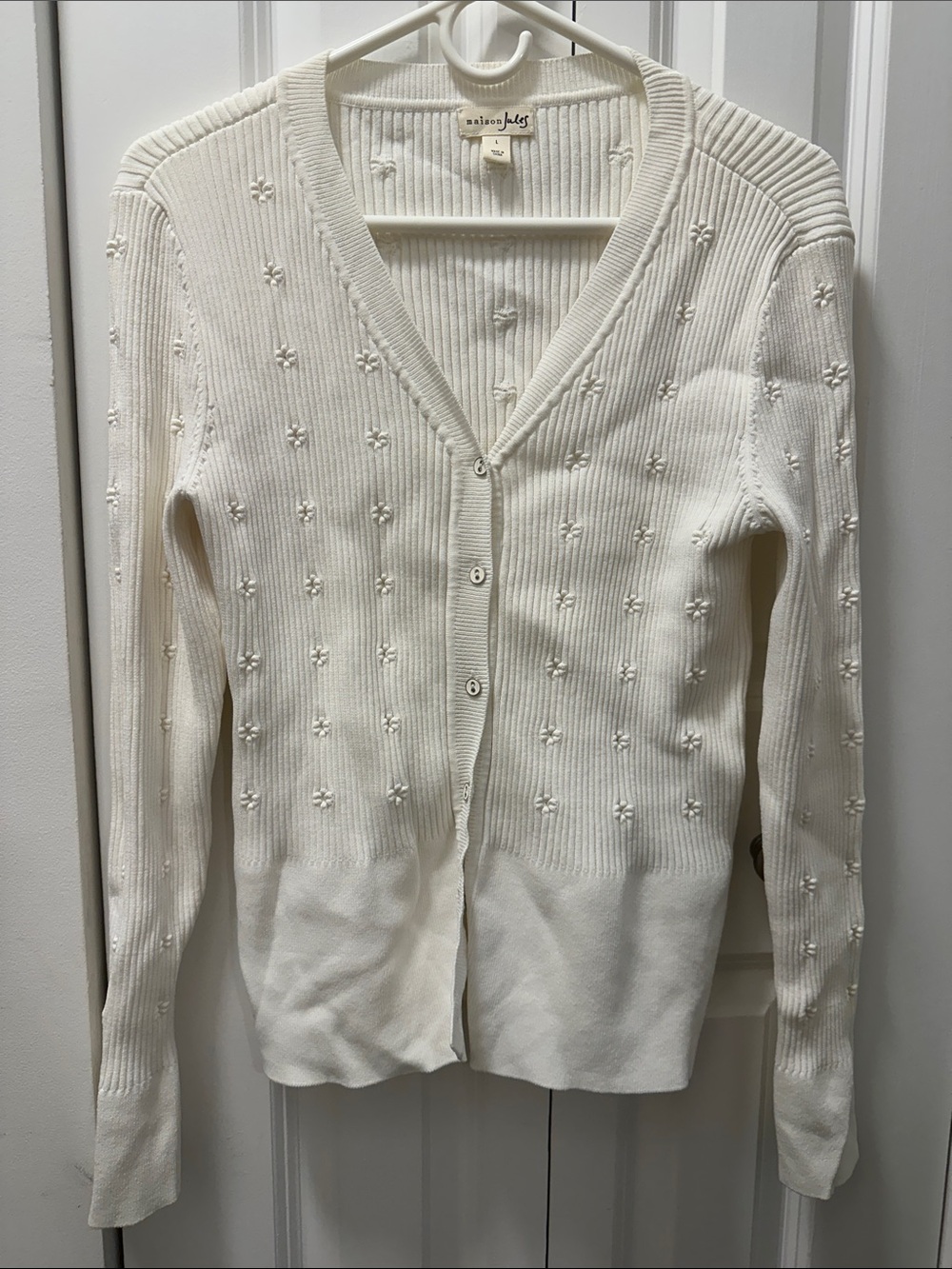 Maison Jules Cream Embroidered V-Neck Button Cardigan